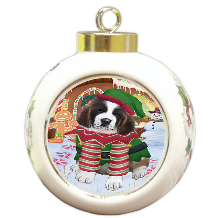 Christmas Gingerbread House Candyfest Saint Bernard Dog Round Ball Christmas Ornament RBPOR56880