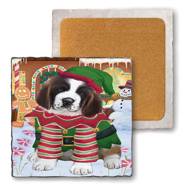 Christmas Gingerbread House Candyfest Saint Bernard Dog Set of 4 Natural Stone Marble Tile Coasters MCST51524