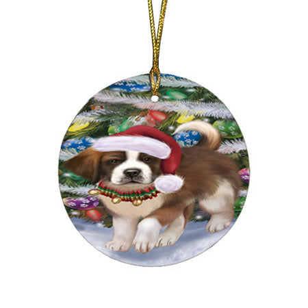 Trotting in the Snow Saint Bernard Dog Round Flat Christmas Ornament RFPOR57022