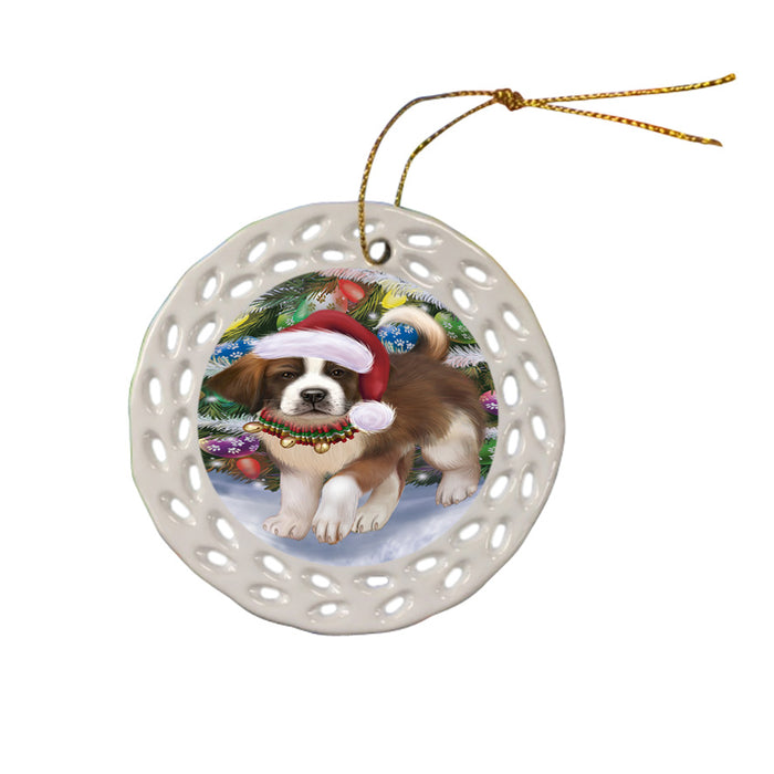 Trotting in the Snow Saint Bernard Dog Ceramic Doily Ornament DPOR57216