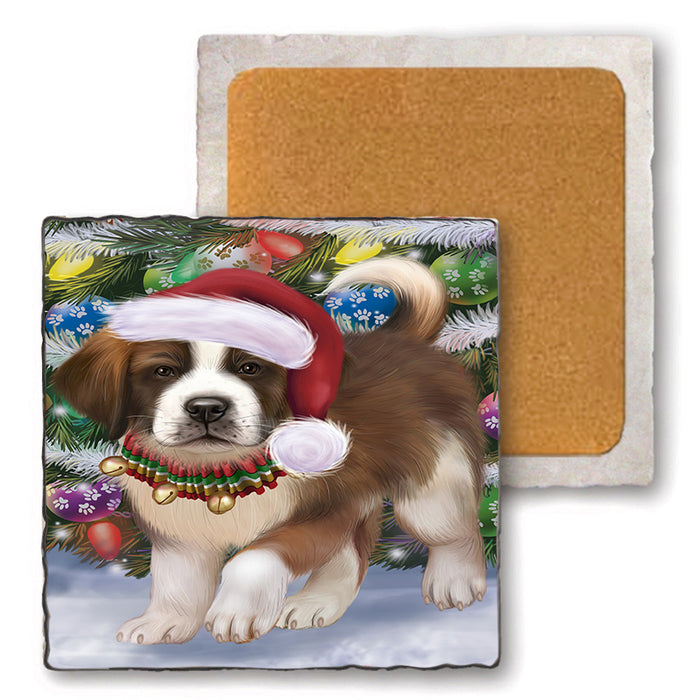 Trotting in the Snow Saint Bernard Dog Set of 4 Natural Stone Marble Tile Coasters MCST51666