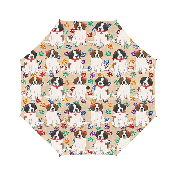 Rainbow Paw Print Saint Bernard Dogs Red Semi-Automatic Foldable Umbrella