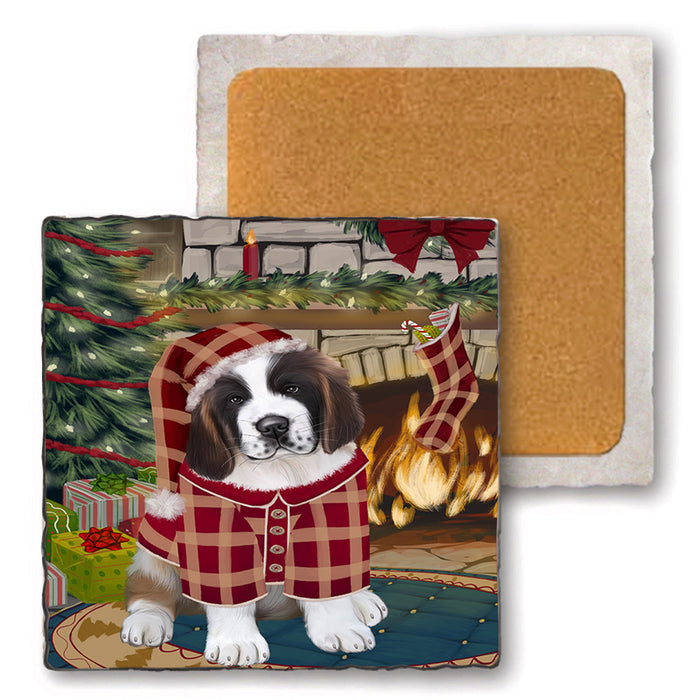 The Stocking was Hung Saint Bernard Dog Set of 4 Natural Stone Marble Tile Coasters MCST50591