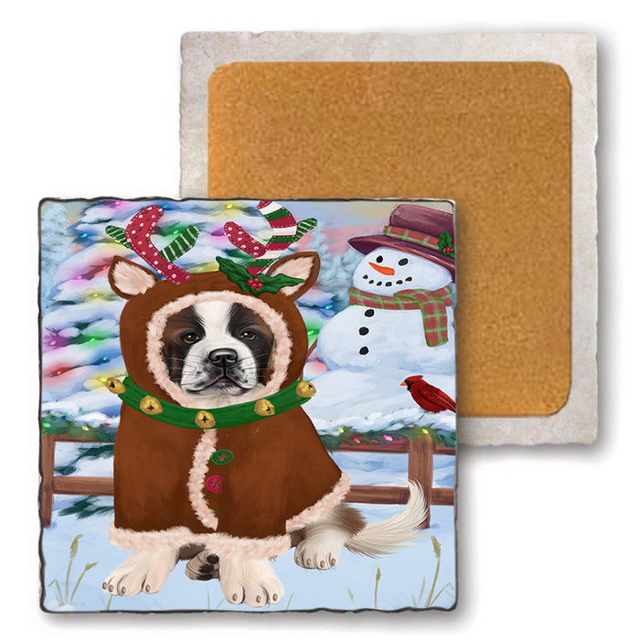 Christmas Gingerbread House Candyfest Saint Bernard Dog Set of 4 Natural Stone Marble Tile Coasters MCST51525