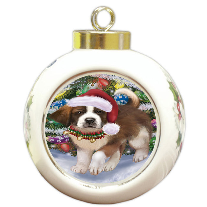 Trotting in the Snow Saint Bernard Dog Round Ball Christmas Ornament RBPOR57022