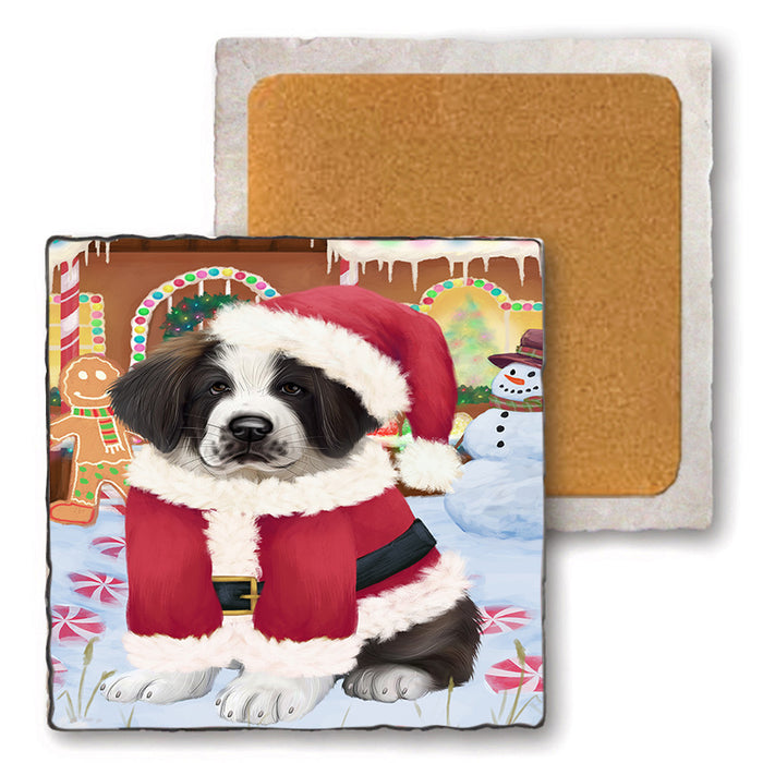 Christmas Gingerbread House Candyfest Saint Bernard Dog Set of 4 Natural Stone Marble Tile Coasters MCST51526