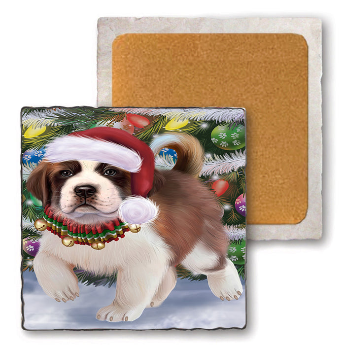 Trotting in the Snow Saint Bernard Dog Set of 4 Natural Stone Marble Tile Coasters MCST51667