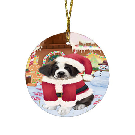 Christmas Gingerbread House Candyfest Saint Bernard Dog Round Flat Christmas Ornament RFPOR56882