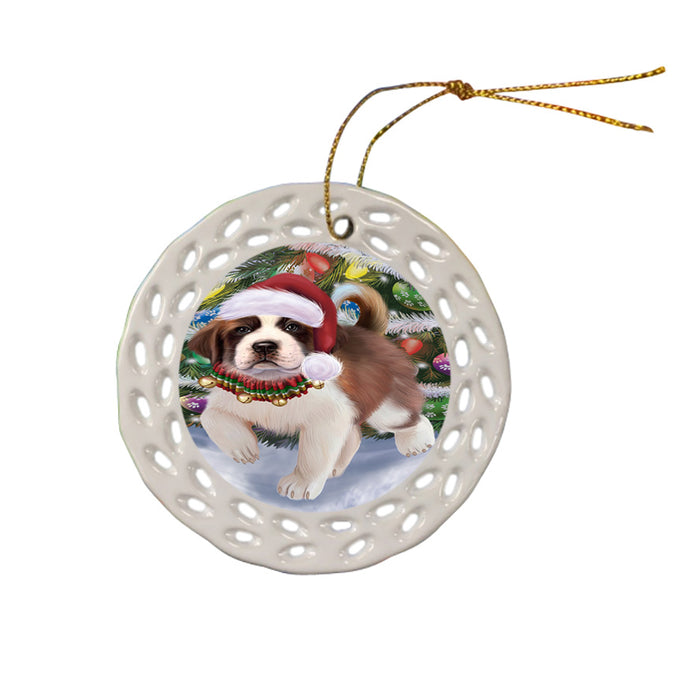 Trotting in the Snow Saint Bernard Dog Ceramic Doily Ornament DPOR57217