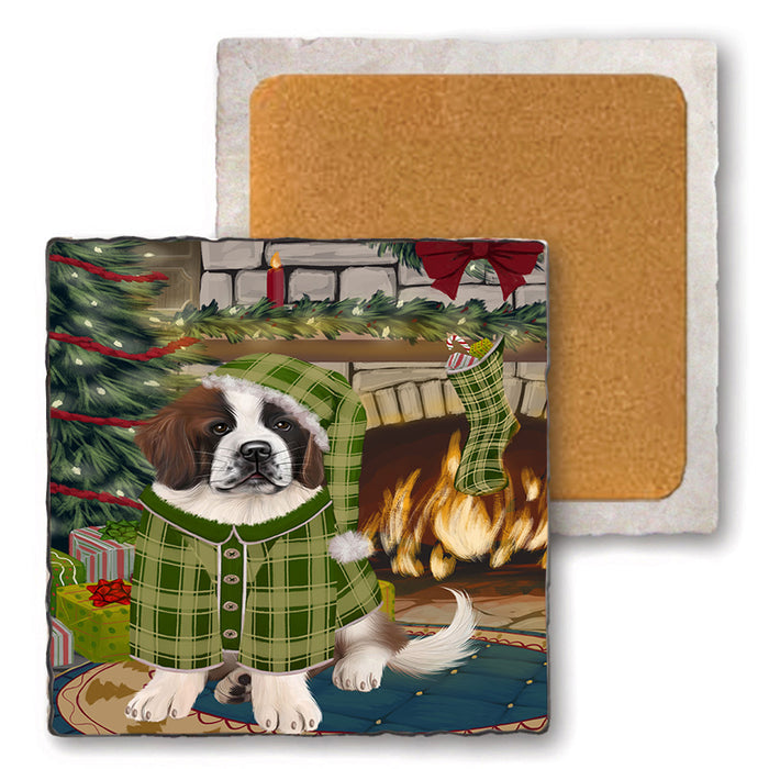 The Stocking was Hung Saint Bernard Dog Set of 4 Natural Stone Marble Tile Coasters MCST50592