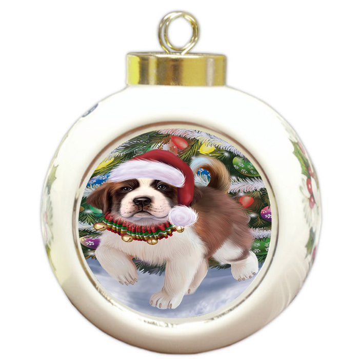 Trotting in the Snow Saint Bernard Dog Round Ball Christmas Ornament RBPOR57023