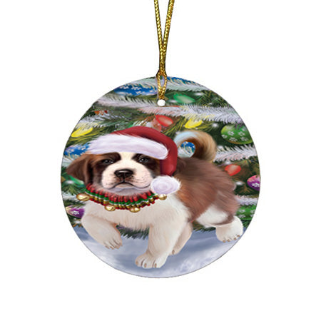 Trotting in the Snow Saint Bernard Dog Round Flat Christmas Ornament RFPOR57023