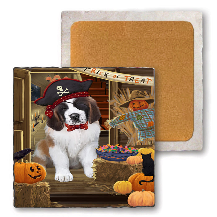 Enter at Own Risk Trick or Treat Halloween Saint Bernard Dog Set of 4 Natural Stone Marble Tile Coasters MCST48256