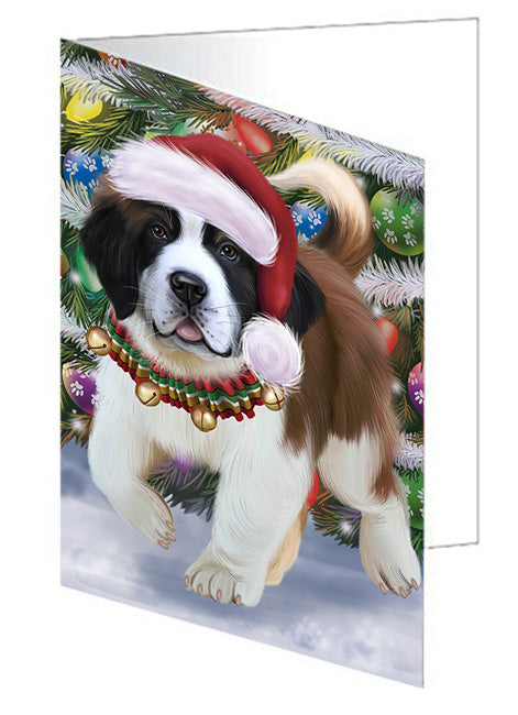 Trotting in the Snow Saint Bernard Dog Handmade Artwork Assorted Pets Greeting Cards and Note Cards with Envelopes for All Occasions and Holiday Seasons GCD74519