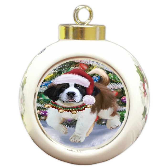 Trotting in the Snow Saint Bernard Dog Round Ball Christmas Ornament RBPOR57024