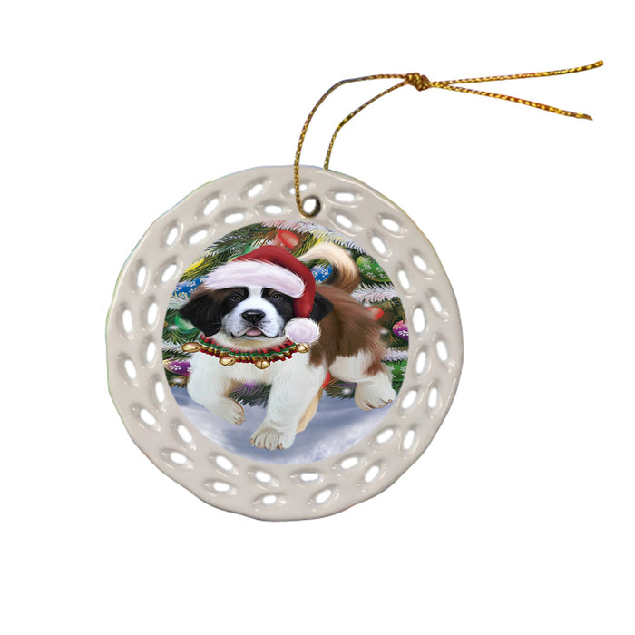 Trotting in the Snow Saint Bernard Dog Ceramic Doily Ornament DPOR57218