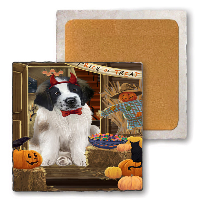 Enter at Own Risk Trick or Treat Halloween Saint Bernard Dog Set of 4 Natural Stone Marble Tile Coasters MCST48257