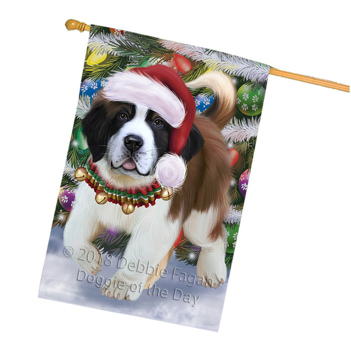 Trotting in the Snow Saint Bernard Dog House Flag FLG57539