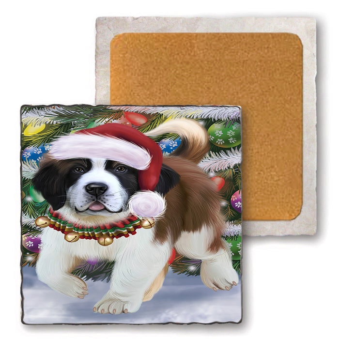 Trotting in the Snow Saint Bernard Dog Set of 4 Natural Stone Marble Tile Coasters MCST51668