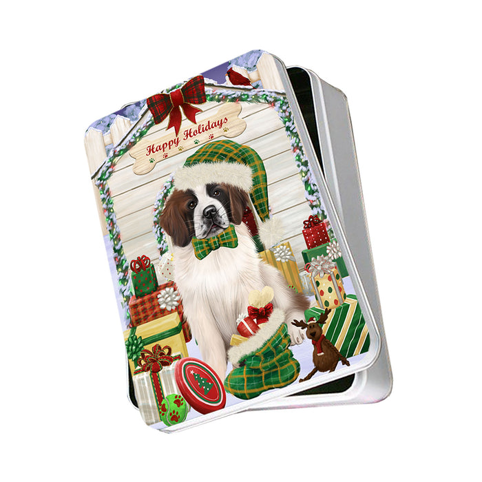 Happy Holidays Christmas Saint Bernard Dog House With Presents Photo Storage Tin PITN51488