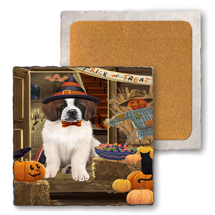 Enter at Own Risk Trick or Treat Halloween Saint Bernard Dog Set of 4 Natural Stone Marble Tile Coasters MCST48258