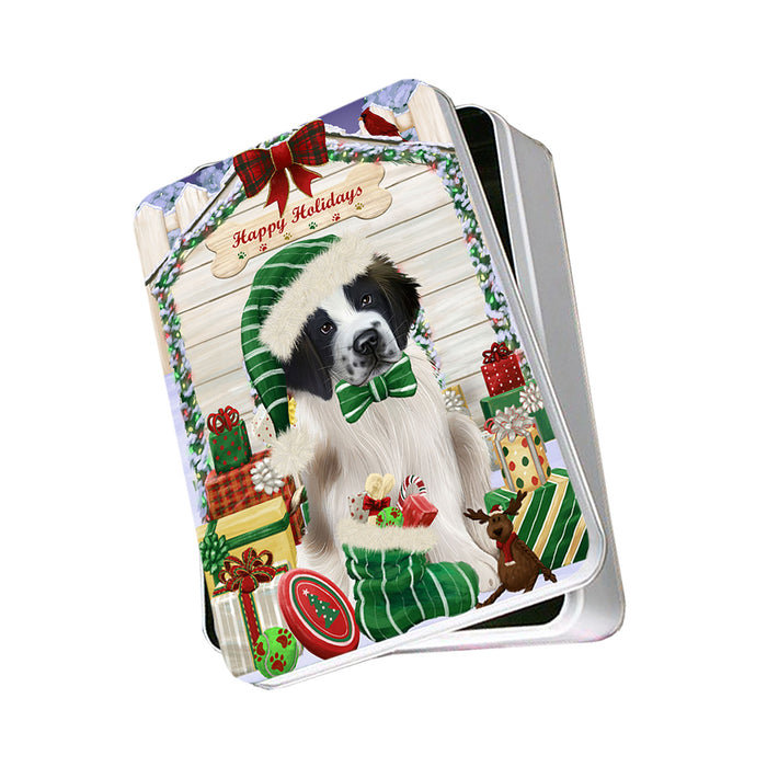 Happy Holidays Christmas Saint Bernard Dog House With Presents Photo Storage Tin PITN51489