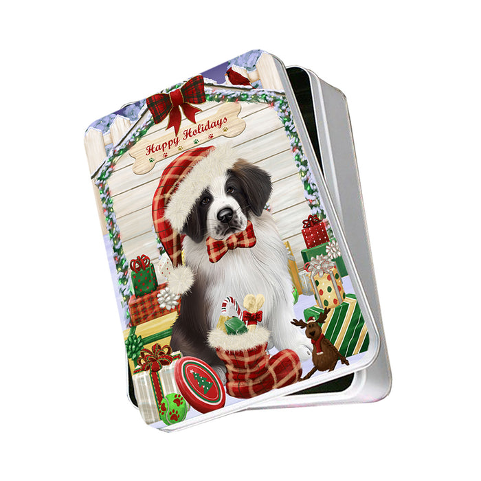 Happy Holidays Christmas Saint Bernard Dog House With Presents Photo Storage Tin PITN51490