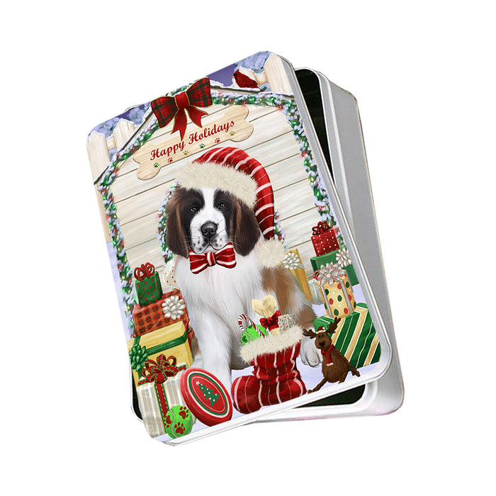 Happy Holidays Christmas Saint Bernard Dog House With Presents Photo Storage Tin PITN51491