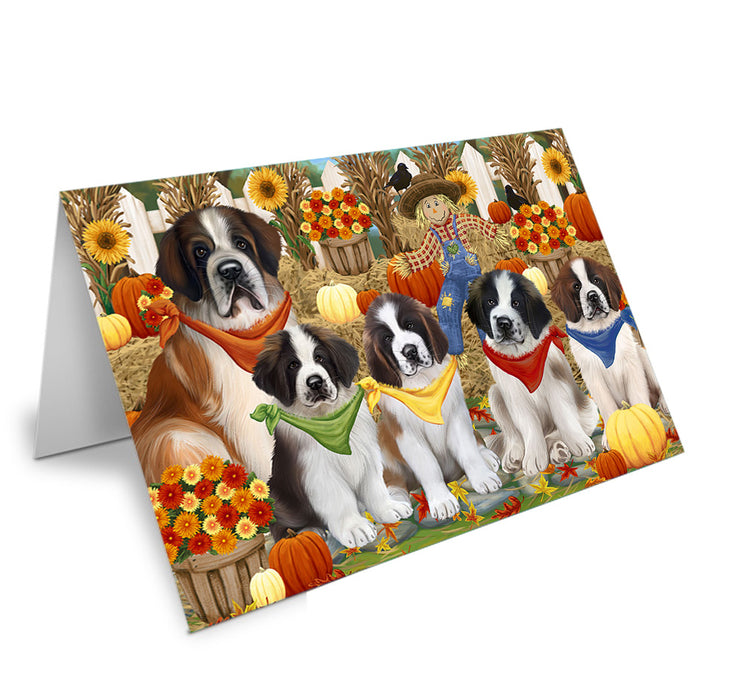 Fall Festive Gathering Saint Bernards Dog with Pumpkins Handmade Artwork Assorted Pets Greeting Cards and Note Cards with Envelopes for All Occasions and Holiday Seasons GCD56426