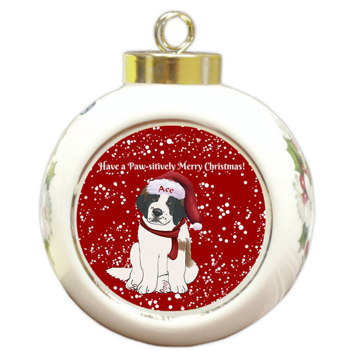 Custom Personalized Pawsitively Saint Bernard Dog Merry Christmas Round Ball Ornament