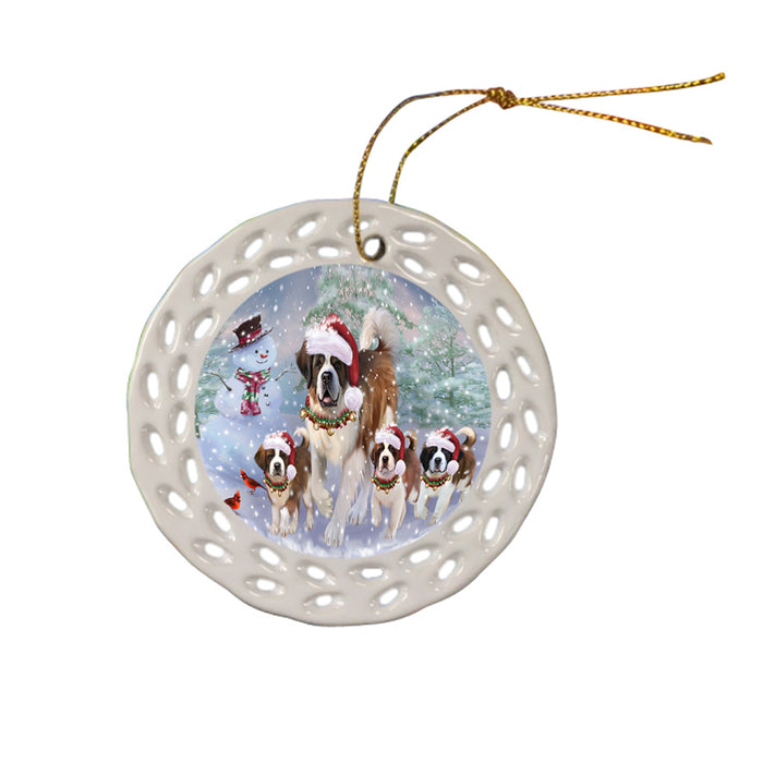 Christmas Running Family Saint Bernards Dog Ceramic Doily Ornament DPOR56997