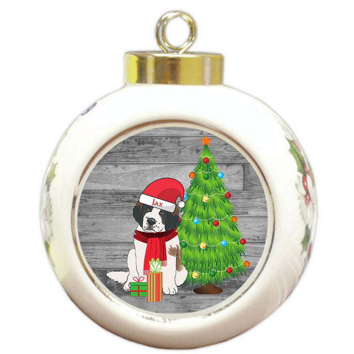 Custom Personalized Saint Bernard Dog With Tree and Presents Christmas Round Ball Ornament