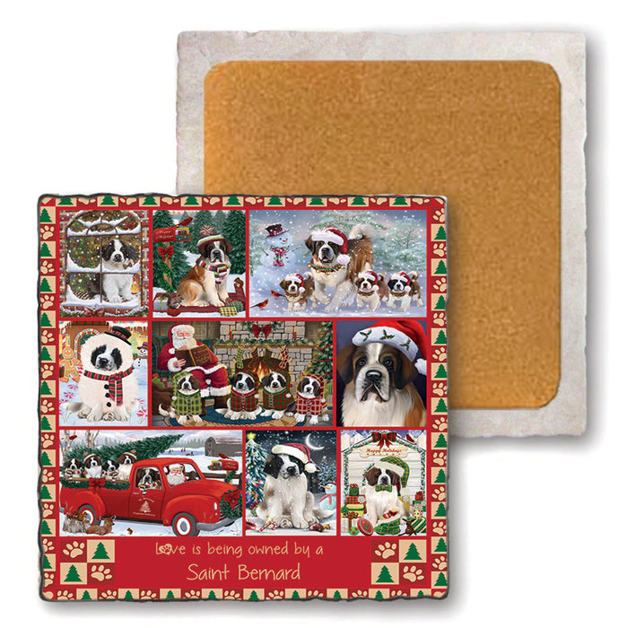 Love is Being Owned Christmas Saint Bernard Dogs Set of 4 Natural Stone Marble Tile Coasters MCST52250