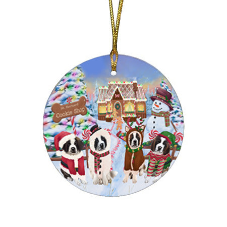Holiday Gingerbread Cookie Shop Saint Bernards Dog Round Flat Christmas Ornament RFPOR56970