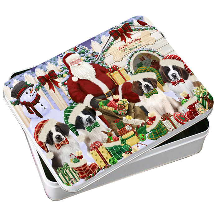 Happy Holidays Christmas Saint Bernards Dog House Gathering Photo Storage Tin PITN51461