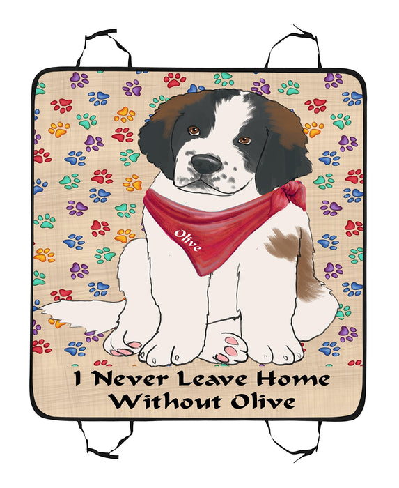 Personalized I Never Leave Home Paw Print Saint Bernard Dogs Pet Back Car Seat Cover