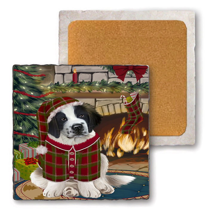The Stocking was Hung Saint Bernard Dog Set of 4 Natural Stone Marble Tile Coasters MCST50593