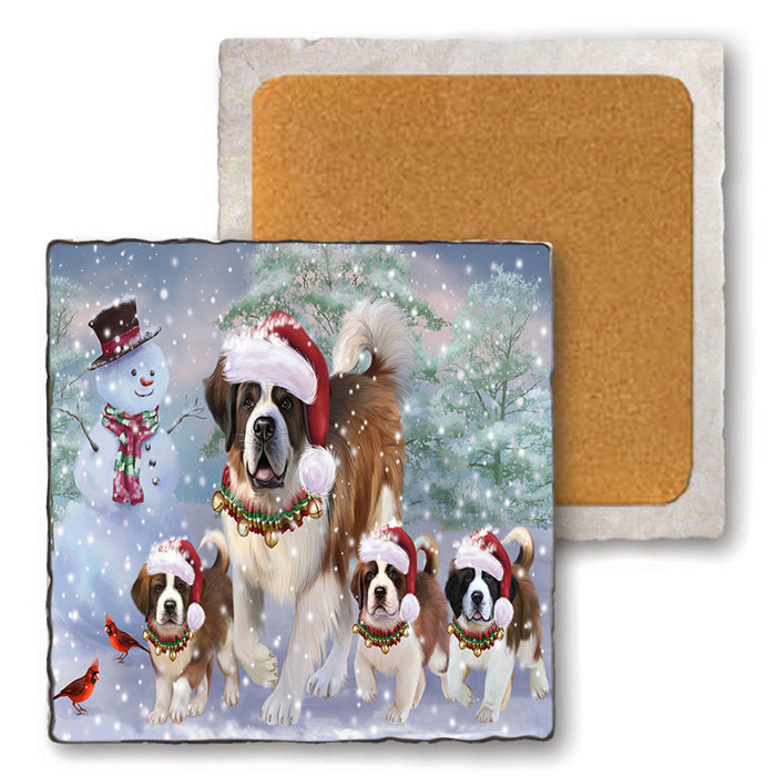 Christmas Running Family Saint Bernards Dog Set of 4 Natural Stone Marble Tile Coasters MCST51641