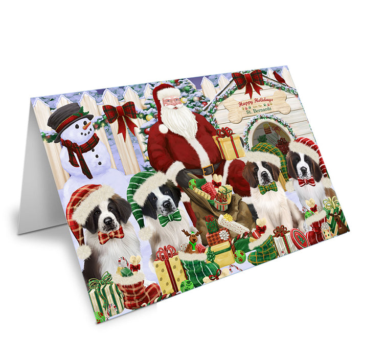 Happy Holidays Christmas Saint Bernards Dog House Gathering Handmade Artwork Assorted Pets Greeting Cards and Note Cards with Envelopes for All Occasions and Holiday Seasons GCD58412