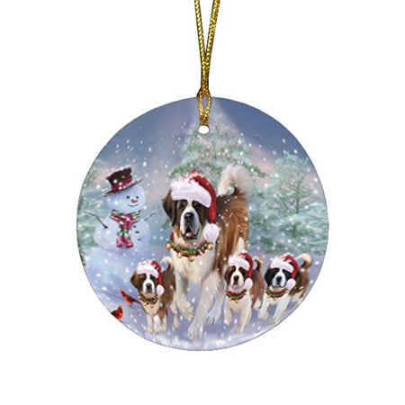 Christmas Running Family Saint Bernards Dog Round Flat Christmas Ornament RFPOR56997