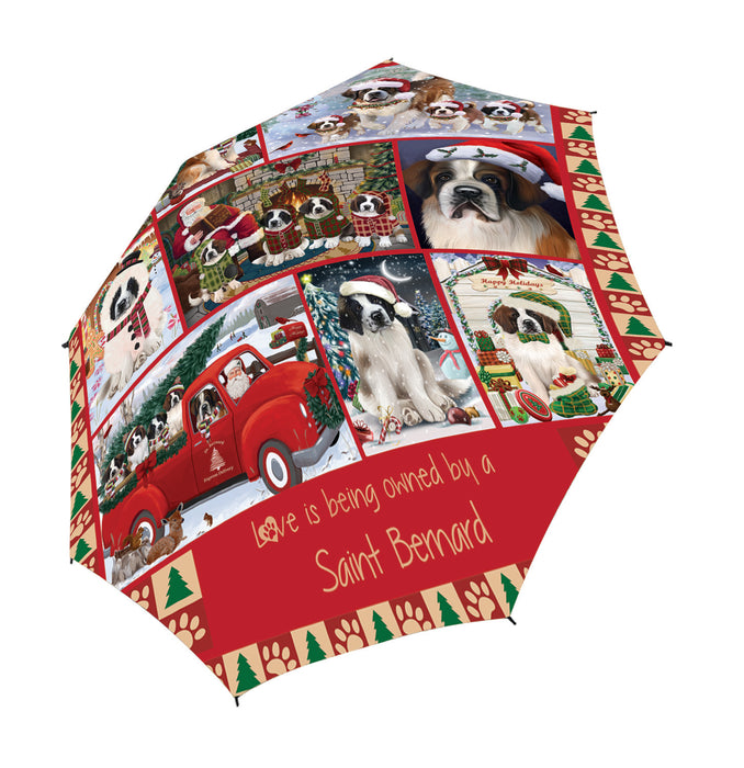 Love is Being Owned Christmas Saint Bernard Dogs Semi-Automatic Foldable Umbrella
