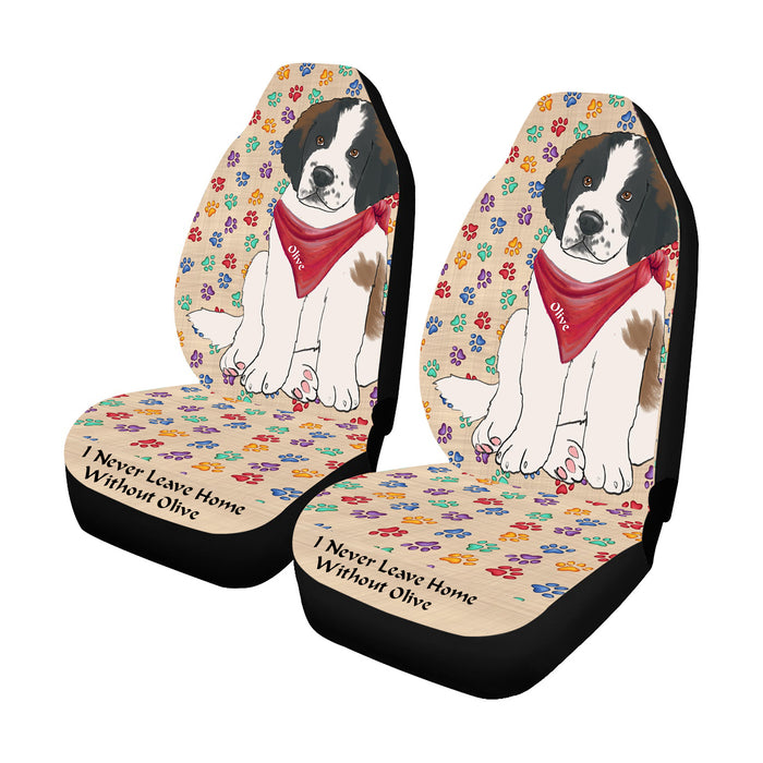 Personalized I Never Leave Home Paw Print Saint Bernard Dogs Pet Front Car Seat Cover (Set of 2)