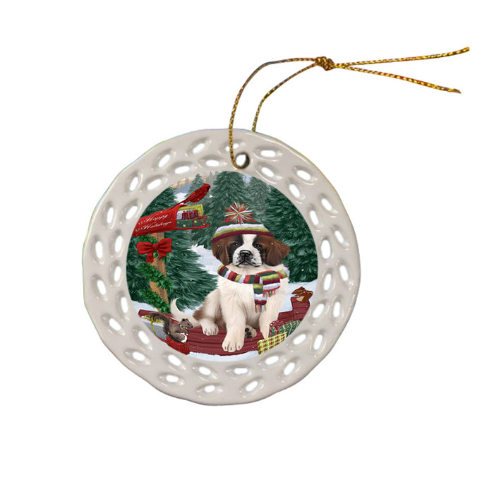 Merry Christmas Woodland Sled Saint Bernard Dog Ceramic Doily Ornament DPOR55373