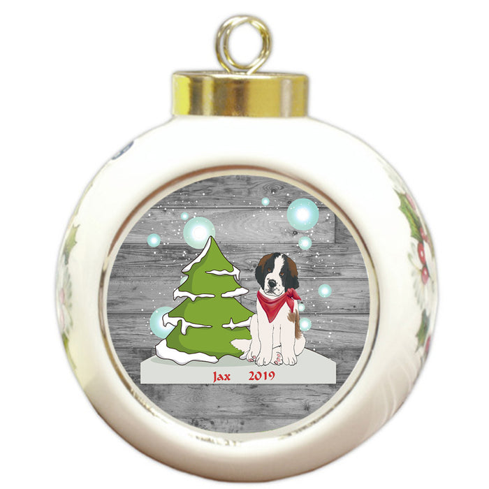 Custom Personalized Winter Scenic Tree and Presents Saint Bernard Dog Christmas Round Ball Ornament