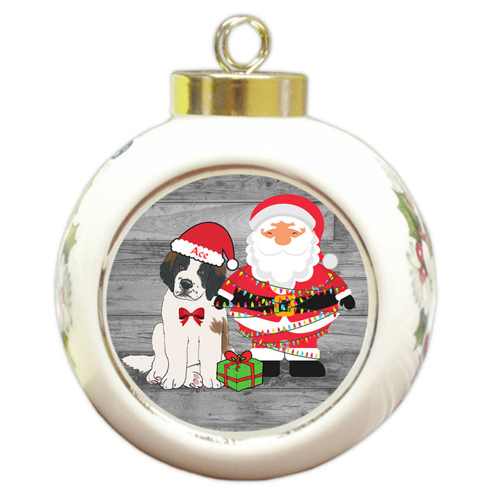 Custom Personalized Saint Bernard Dog With Santa Wrapped in Light Christmas Round Ball Ornament