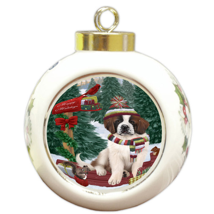 Merry Christmas Woodland Sled Saint Bernard Dog Round Ball Christmas Ornament RBPOR55373