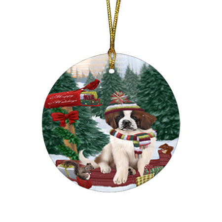 Merry Christmas Woodland Sled Saint Bernard Dog Round Flat Christmas Ornament RFPOR55373