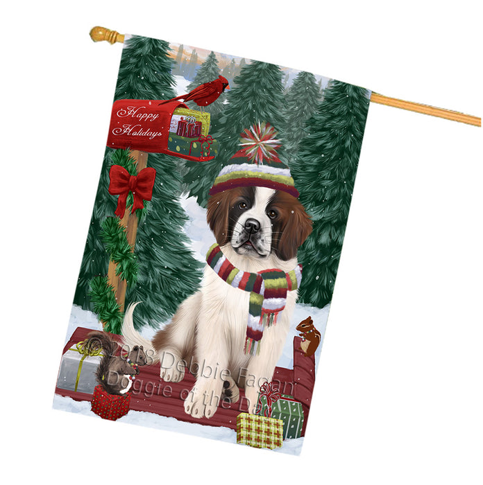 Merry Christmas Woodland Sled Saint Bernard Dog House Flag FLG55446