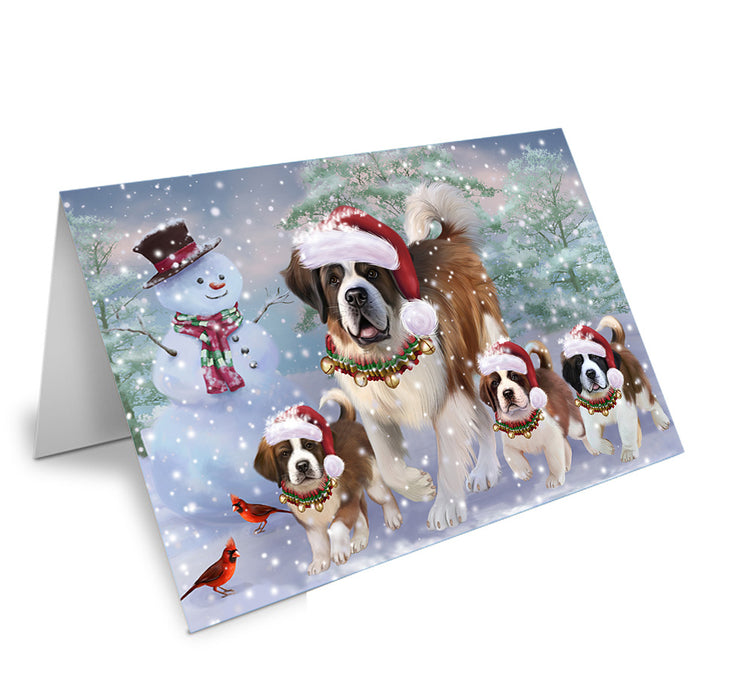 Christmas Running Family Saint Bernards Dog Handmade Artwork Assorted Pets Greeting Cards and Note Cards with Envelopes for All Occasions and Holiday Seasons GCD74438