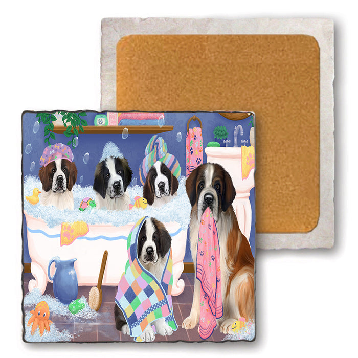 Rub A Dub Dogs In A Tub Saint Bernards Dog Set of 4 Natural Stone Marble Tile Coasters MCST51817